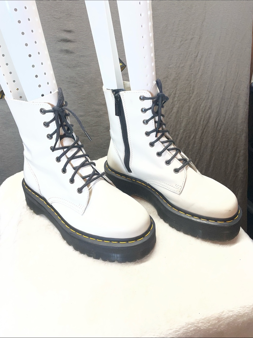 Dr. Martens Jadon Leather Platform Lace-Up Combat Boots with Yellow Stitching